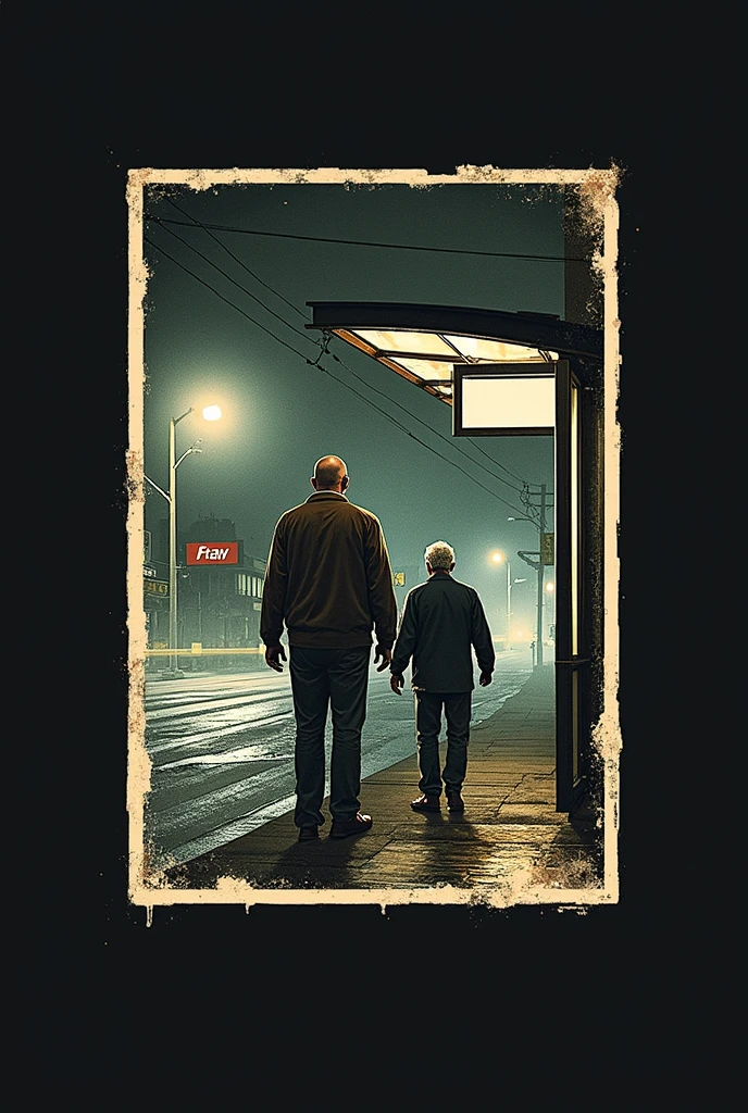 Create a vintage poster style art, for my horror story, The Man at the Bus Stop, with the title in Portuguese, which tells the story of a bar owner, a man in his early 40s, baldie, bitter man who knows an old man, Kale, during the night and discovers that this man is just an apparition of someone who died, waiting for the bus that will take you to the other side.