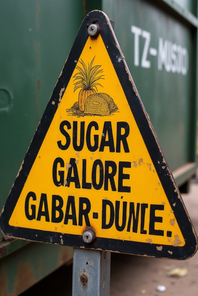 A sign for a sketch where it says that sugar cane gabardine is stored there In Spanish, triangular and with some drawing