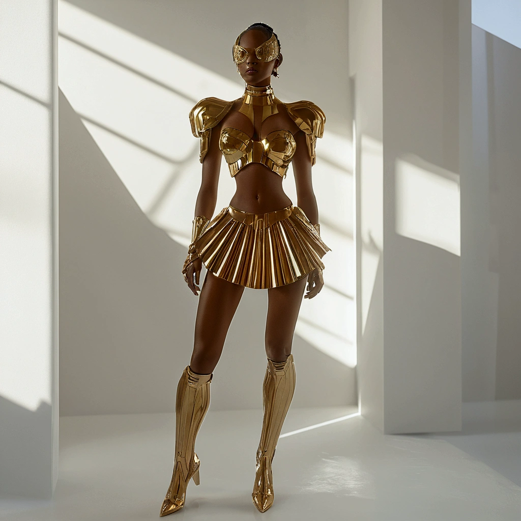 UHD Ultra Precise 8K digital copy of there is a woman in a gold outfit standing in a room, fashionable futuristic woman, cyborg fashion model, african female android, gold sci - fi armour, epic 3 d oshun, wearing futuristic armor, unreal engine render + a goddess, futuristic clothing and helmet, afrofuturism style, gilded outfit, futuristic himba young woman, unreal engine render saint seiya