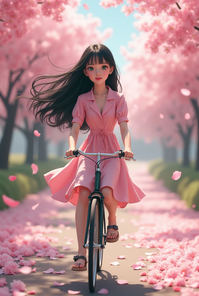 A 1 girl with strikingly beautiful appearance with big green emerald eyes with white porcelain skin with long black glossy hair floating around wearing light pink knee length frock riding a bicycle on a road covered with cherry blossom trees and petals scattering around 