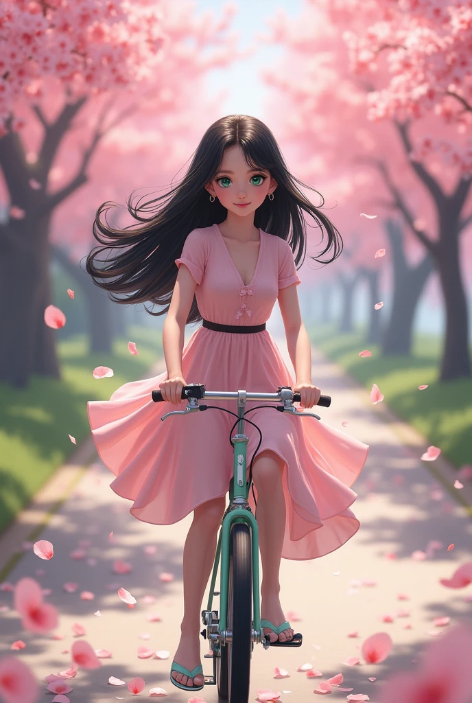 A 1 girl with strikingly beautiful appearance with big green emerald eyes with white porcelain skin with long black glossy hair floating around wearing light pink knee length frock riding a bicycle on a road covered with cherry blossom trees and petals scattering around