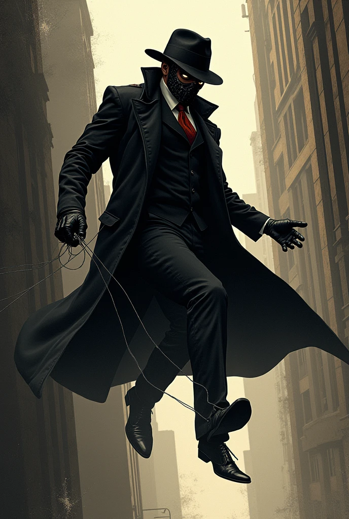 A detective man swinging with a spiderman
mask, profile angle, with a black coat and black hat, vintage detective style, sketchbook draw style in 1930, drawing