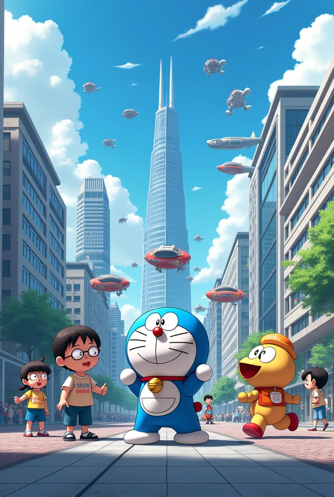 doraemon
They are all gathered in a playful setting, enjoying a day out in a futuristic city filled with towering buildings, flying cars, and advanced technology.". landscape 9:16