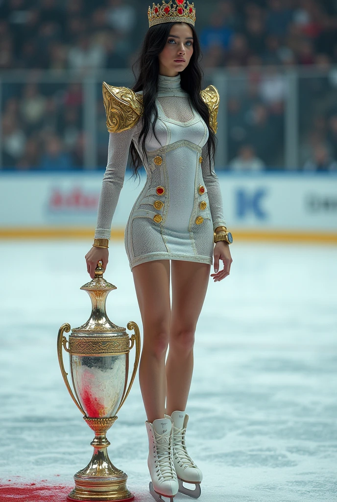 1 girl with a young face but penetrating look, long black hair, blue eyes, white skin, on an ice skating rink in a tight-fitting, silver-white dress-like mesh , short, martial type, which has six pairs of gold buttons, the neck is high, The long sleeves and shiny gold shoulder pads, with a gold watch on his wrist, with diamond-encrusted skates on the boot with a large trophy on the ice floor and a marakov gun in her hand with blood splatters and shiny ice skates full body with a goddess aura and with a crown with red stones on her head