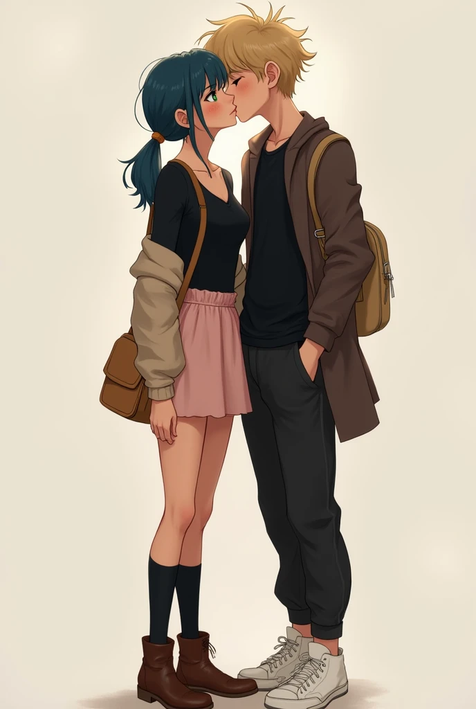 Tall age girl with navy blue hair tied in two low pigtails, green eyes, pale skin with freckles on the face, usa una black long sleeve t-shirt y cuello v, pale pink skirt, black stockings brown boots,a light brown cardigan sweater and light brown crossbody bag kissing tall teenboy with messy blonde hair, black long sleeve t-shirt, somewhat baggy black pants, white tennis shoes and dark brown coat