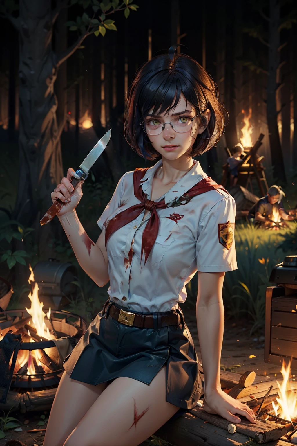 (solo:1.3), very young slim fit girl, (rounded face:1.2), gloomy smile, pioneer neckerchief, blue thight microskirt, bangs, shirt, collarbone, white shirt, short sleeves, collared shirt, belt, neckerchief, eyelashes, red neckerchief, breast pocket, accurate snub nose, (summer night:1.3), high detailed background, masterpiece, high detailed face, high detailed finger, (glasses:1.3), (dark blue hair:1.4), (huge ahoge:1.3), (perfect yellow eyes:1.2), (disheveled lush hair:1.2), (disheveled bob cut:1.3), (skinny body:1.3), slim waist and hips, long fit slender legs, accurate medium breast, (realistic style), tomboys, european girls, campfire, forest, girl sitting on a log near the campfire , hold in hand knife in blood, knife