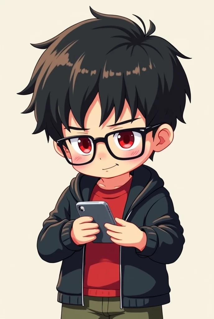 1. One man 2. Chibi figure 3. Red inner shirt 4. Black sweater 5. red eyes 6. Black hair 7. Wear glasses 8. Equal to 9. play mobile phone