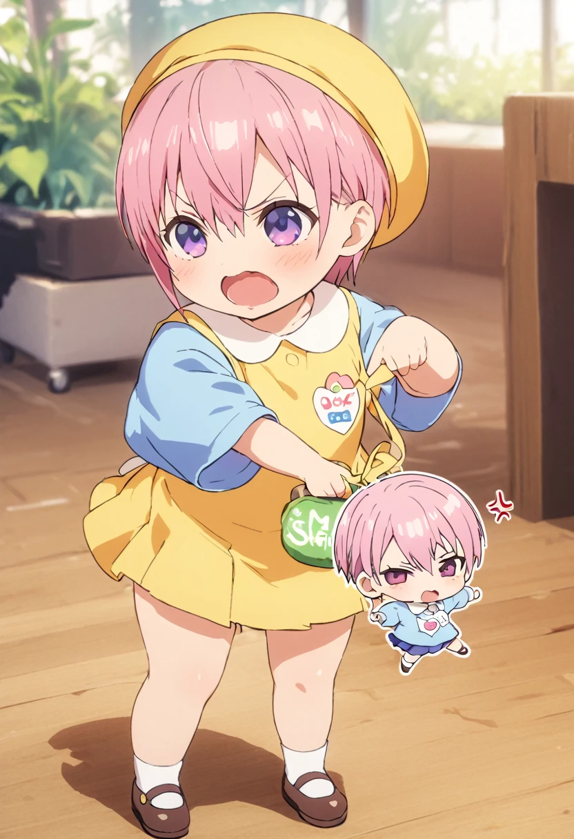 (Highest quality, 4K, 8k, High resolution, masterpiece:1.2), Very detailed, Picturesque, Animated Photography, Photo Animation:1.37)、Japanese girl、(Pink Hair)、(short hair)、stnding、(chibi:1.4),blue shirt,(kinderrm:1.2),(yellow school hat:1.15),(blue skirt:1.1),(tulip-shaped name tag:1.05)、angry、Full body photography、Nakano ichika