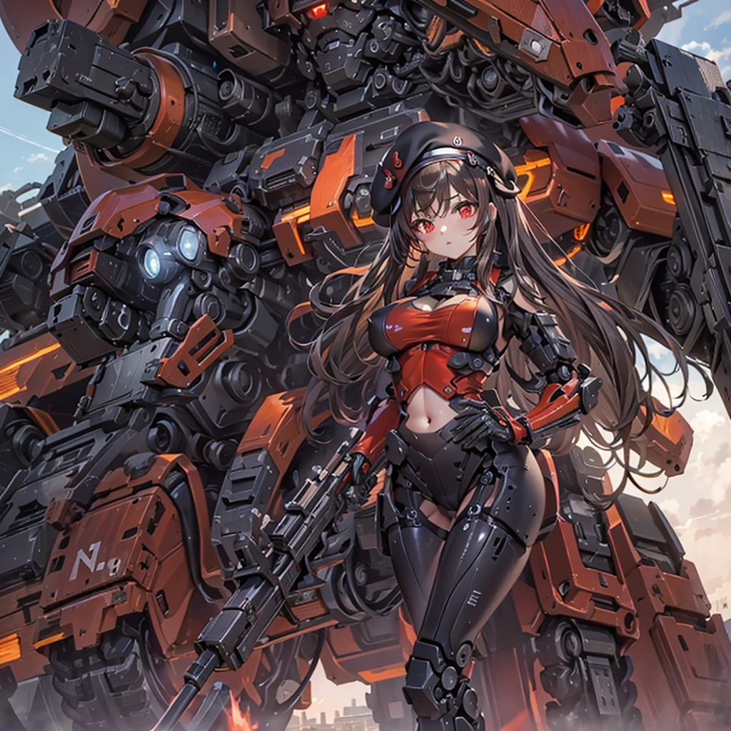 high resolution、Detailed drawing、Beautiful background、NOD、Lapi、cute、sexy、Black Beret、(Brown Hair、semi-long、Straight Hair)、(Black leotard、High-leg cleavage、Sideboob、One Girl)、(hk416、rifle、Gun of the Future)、Strengthen the outer frame、Medium sized breasts、Android、Mechanical Body、(Futuristic sci-fi background、A giant red and black combat robot in the background)、Cool Beauty、Red glowing eyes、Sideboob、Kneel on the ground