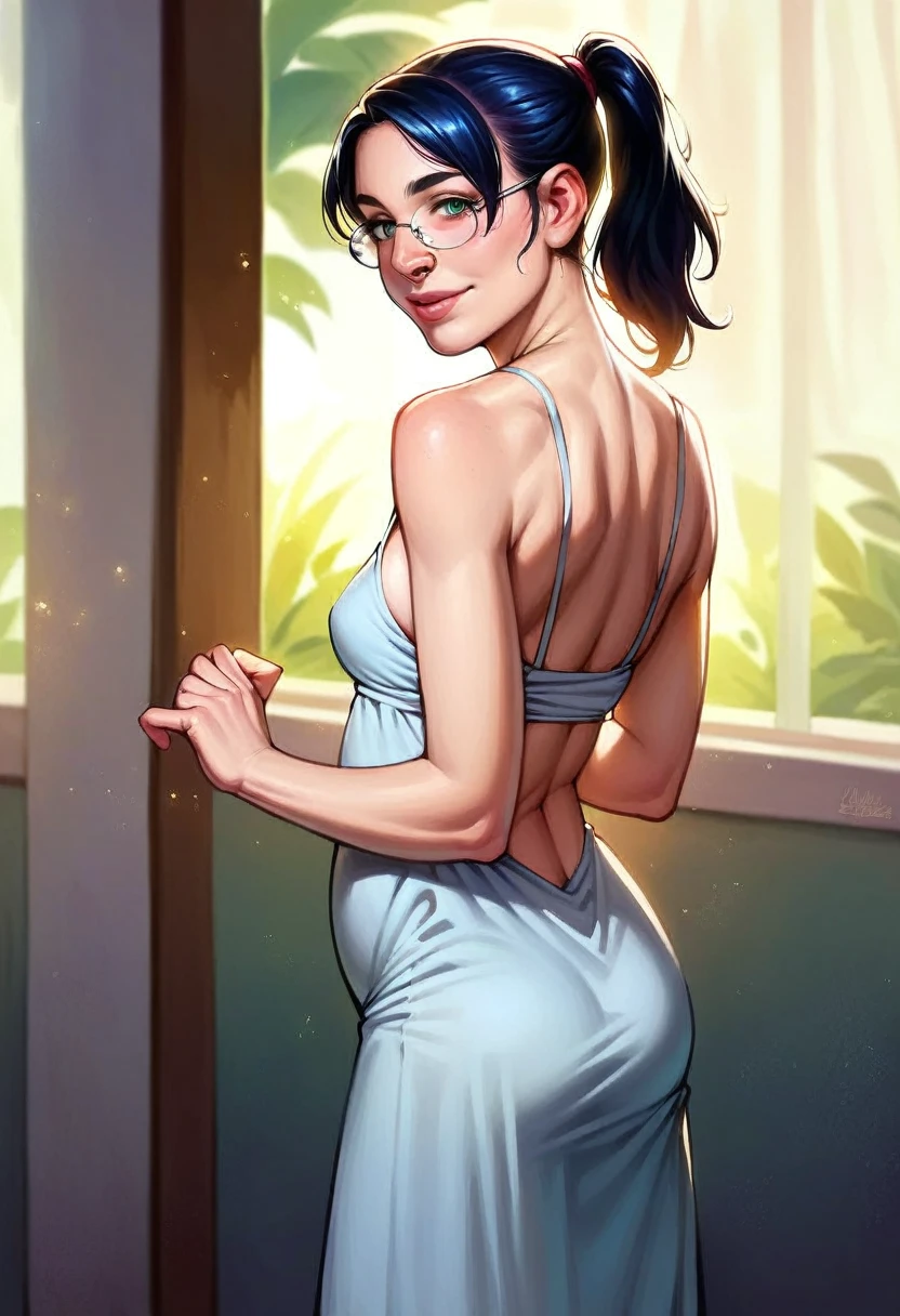1girl, masterpiece, ((skinny girl, skinny arms)), ((small breasts)), best quality, realistic face, black and blue hair with bangs and ponytail, large glasses, , , , green eyes, nose ring, chubby cheeks, long nose, low nose, high lips, dark eyebrows, ((trad blue and grey sundress)), specular sunlight, ((golden hour lighting)), back porch background, dancing pose, big smile