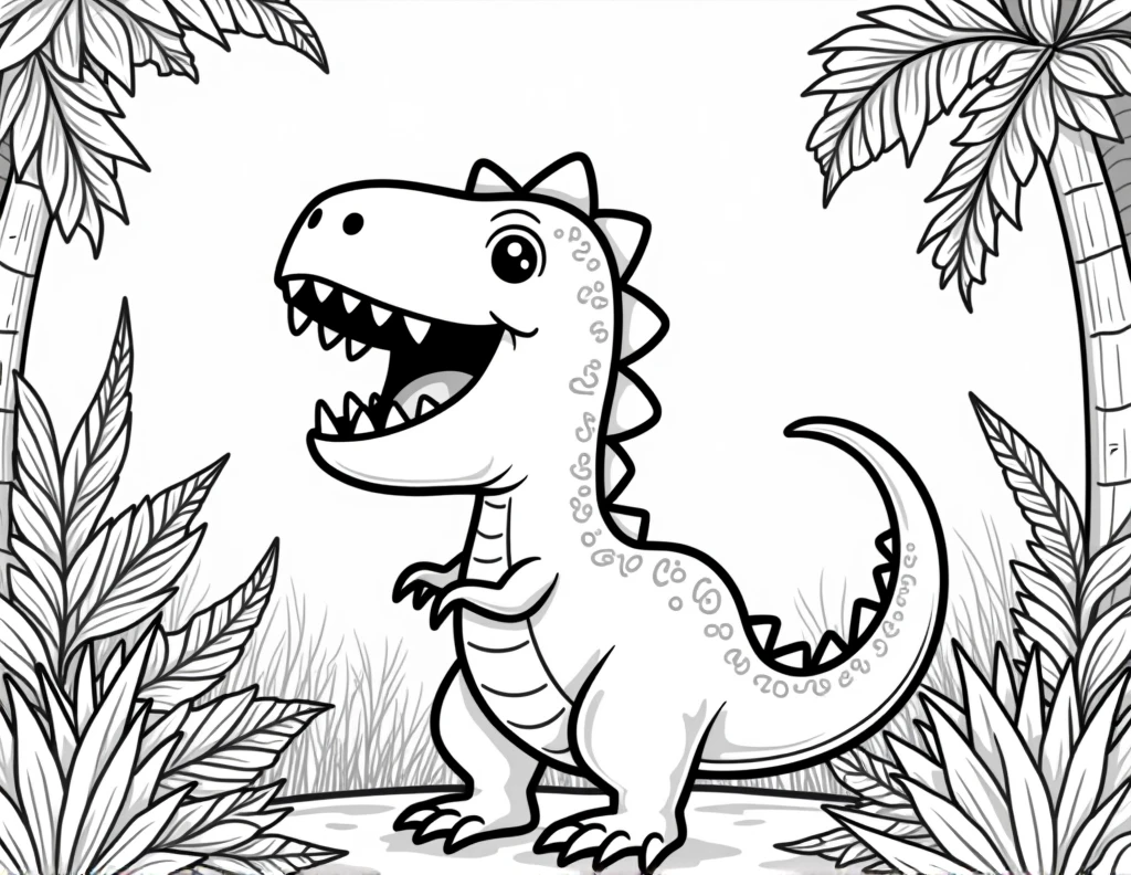 Black and white coloring book, Adorable and minimalist kids print of a Tyrannosaurus Rex roaring in the middle of a prehistoric jungle