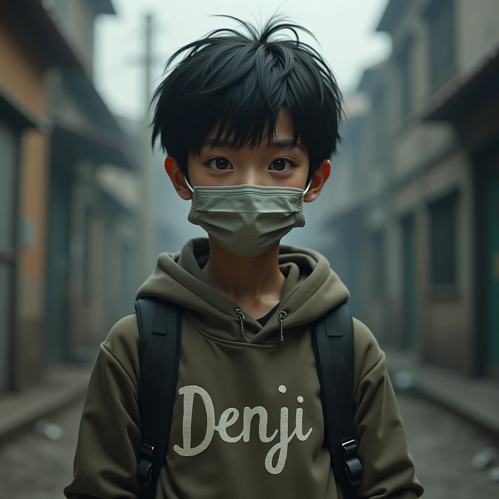 Wearing Mask for 20 years , there will be a boy, and there will be a written text on his clothes, Denji