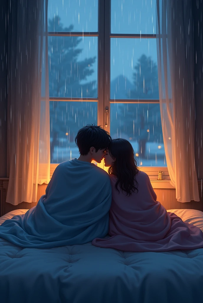 A beautiful cold night. Raining outside ,it was a very nice weather. A boy and a girl is laying on the bed under the blanket...they are planning their futures and dreaming about it. The windows are open .
