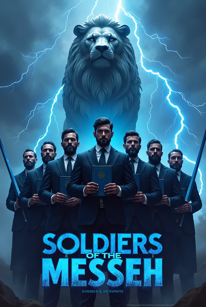 young men with black beard standing arranged straight side to side ,wearing suit, a huge statue of lion behind the men, lightning all over the place,each of them holding a blue sword with their right hand,each bible on the other left hand, write boldy with blue and whit color "Soldiers of the Messia..." at the bottom