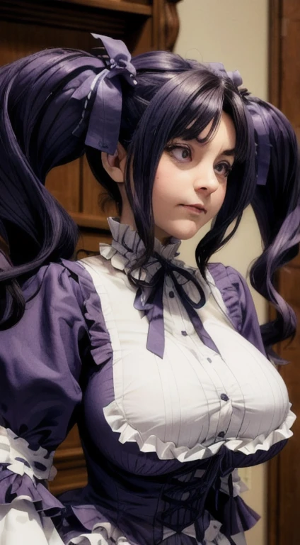 (highly detailed), sharp focus, large breasts, close up on face,  dress, twintails, ribbon, frillsescote, hombros descubiertos, falda morada,pechos grandes, pechos enormes, big breasts, huge breasts, enormous breasts bigger than heats
