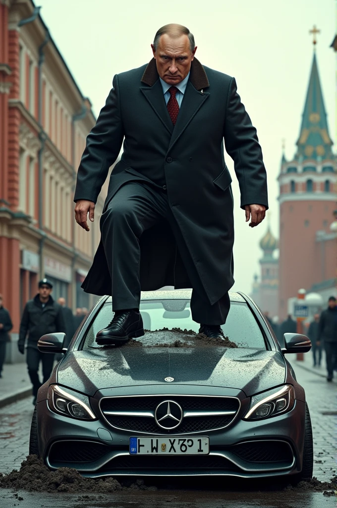 draw Putin crushing a Mercedes in Moscow