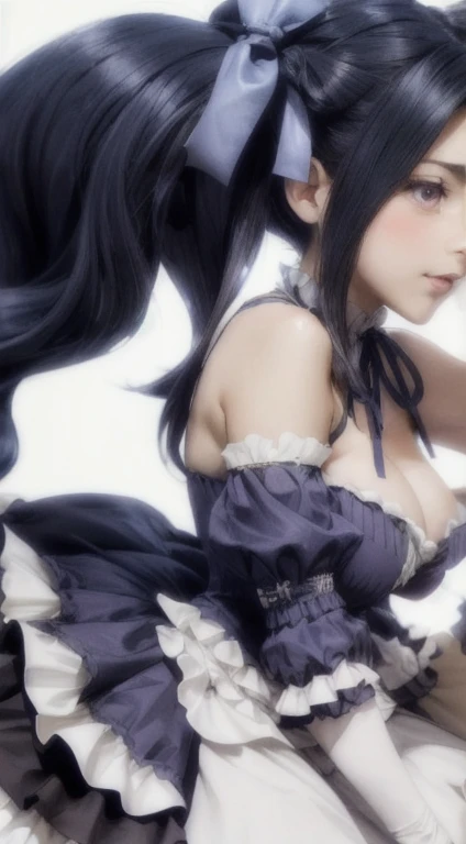 (highly detailed), sharp focus, large breasts, close up on face, dress, twintails, ribbon, frillsescote, hombros descubiertos, falda morada,pechos grandes, pechos enormes, big breasts, huge breasts, enormous breasts bigger than heats