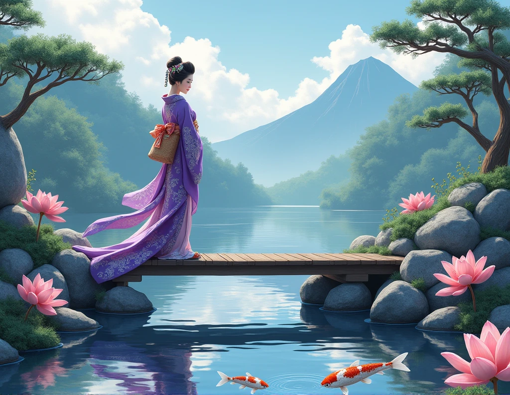 o A geisha in a purple kimono with silver details, standing on a Japanese wooden bridge over a calm stream, surrounded by lotus flowers and koi fish swimming, with mountains and pine trees in the background.