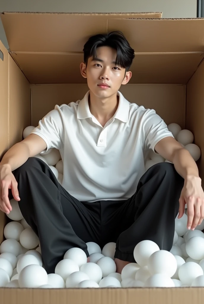 Imagine a handsome Korean man., Beautiful and realistic face, dressed in a white polo shirt and black loose trousers, sitting inside a cardboard box with polystyrene, realistic legs, whole body, Spreading your legs, the hair on the head is black, the lower part of the hair is shaved off to half the head, the top part of the hair is short and combed forward