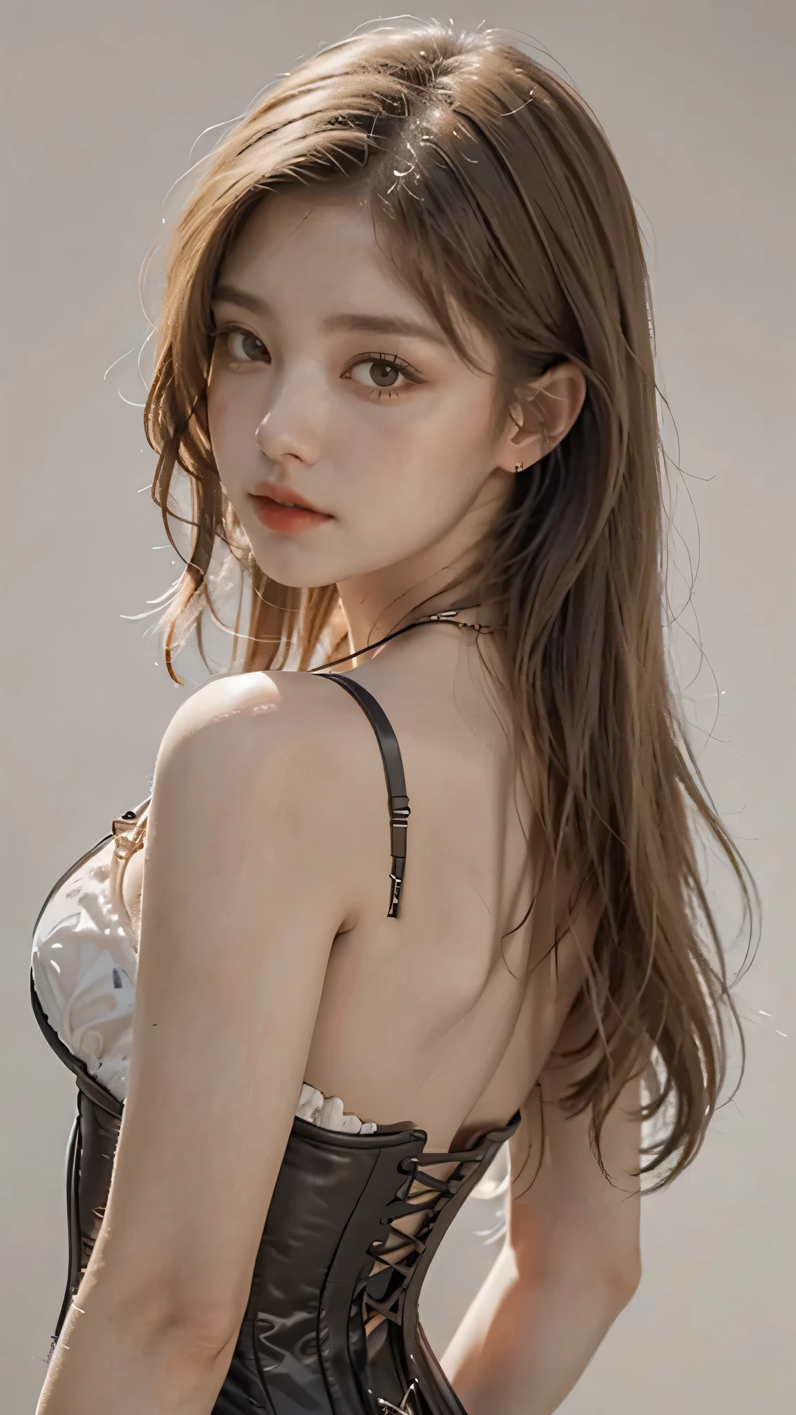 1girl, solo, looking at viewer, blonde long hair, wearing a corset, big ass, brown eyes, upper body, grey background, normal tits, lips, realistic, .