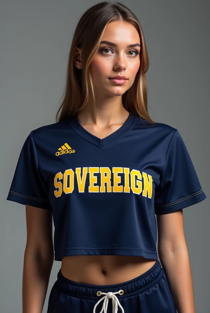 Women&#39;s cropped top in navy blue with yellow letters for an academic dentistry team called Sovereign