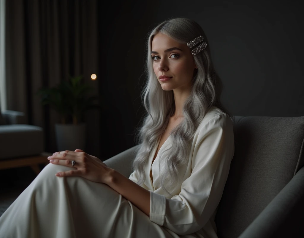 Girl sits elegantly on a modern soft chair, looks straight, Sits up straight, against the backdrop of a dark living room, light gray long hair, good lighting, realistically, photo, sparkling hairpins