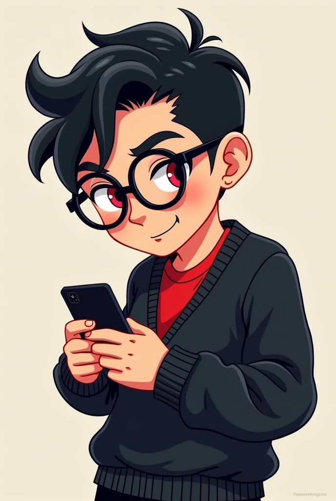 1. One man 2. Chibi figure 3. Red inner shirt 4. Black sweater 5. red eyes 6. Black hair 7. Wear glasses 8. Cool 9. play mobile phone