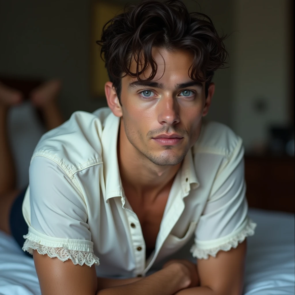 makes image of a white man, aged 35, model type, with short dark hair, with blue eyes, wearing a lace shirt buttoned up to the neck, posing sideways, looking into the distance at the camera, wearing shorts, lying down on a bed. Unprofessional photo, type of cell phone and a little blurry so it doesn't look fake.