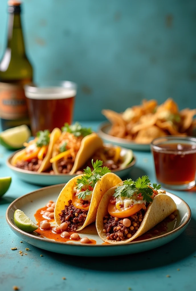 Photos of three birria tacos with cheese and beans, broth and a portion of artisanal nachos that look fresh and provocative, natural background, inconspicuous in blue tones