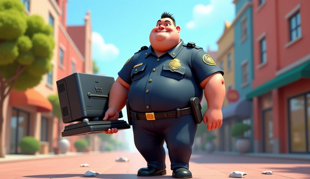Im Stil von Pixar 3D-Animation filmen (Caricature). An obese policeman carries a computer in front of him.