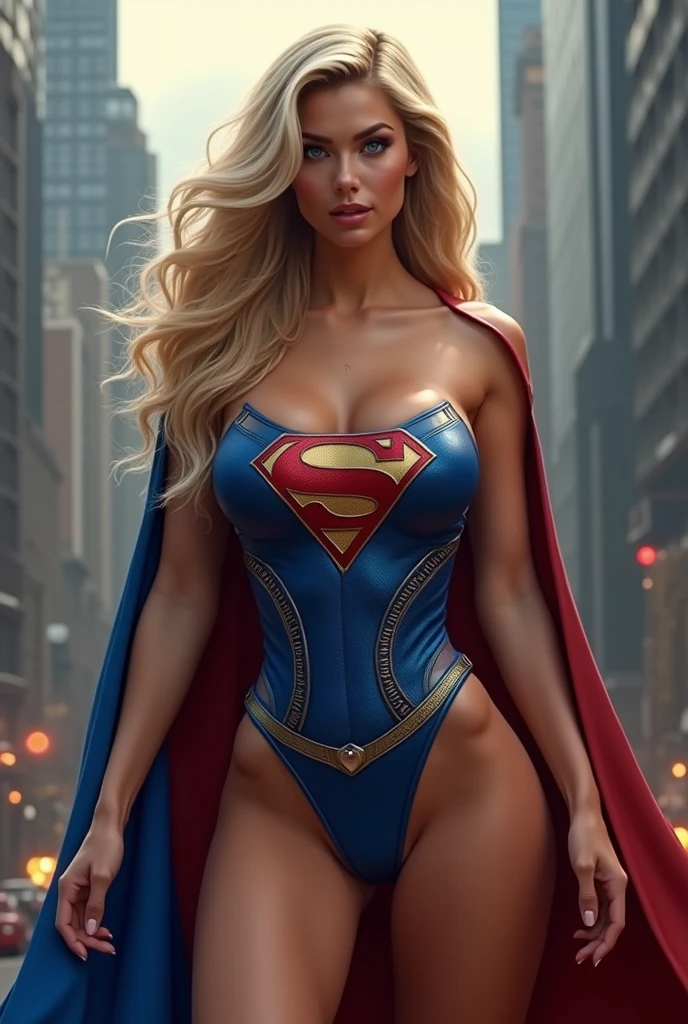 A HOT AND SEXY MUSCULAR SUPERGIRL COMPLETE WITH A EROTIC BLUE SUPERMAN CORSET COSTUME AND CAPE WITH A LARGE SUPERMAN EMBLEM. SO SEXY SUPERGIRL