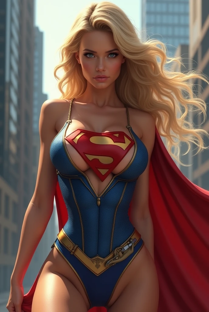 A HOT AND SEXY MUSCULAR SUPERGIRL COMPLETE WITH A EROTIC BLUE SUPERMAN CORSET COSTUME AND CAPE WITH A LARGE SUPERMAN EMBLEM. SO SEXY SUPERGIRL
