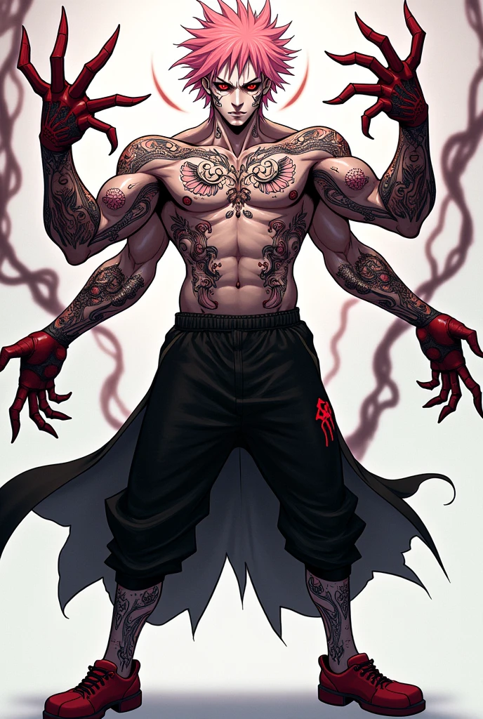 Ryomen Sukuna is a white-skinned man who looks 1. He has short pink hair that is pulled back and spiky. He has four blood-red eyes. He has four arms. He does not wear a shirt. He has tattoos on his face and body. He wears black sports pants and red shoes.