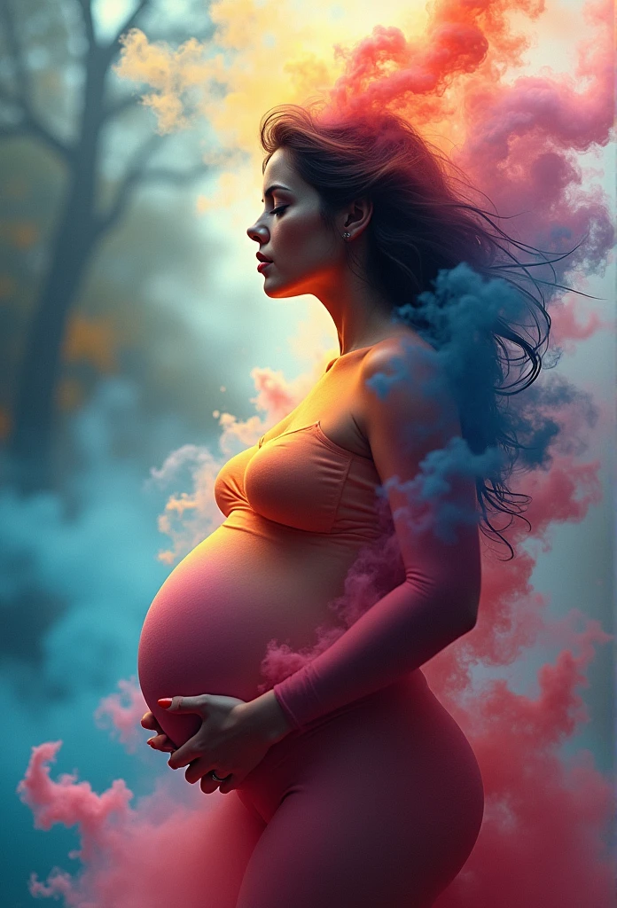 (best quality,4k,highres,masterpiece:1.2),ultra-detailed,realistic:1.37,pregnant lady colorful,smoke explosion,abstract art,blurred background,vibrant colors,fluid movement,sharp focus,photorealistic lighting,ethereal atmosphere,striking contrast,bokeh,explosive energy,whirling motion,color palette,creative chaos,dreamlike ambiance,wisps of smoke,mesmerizing patterns,waves of color,dynamic composition,intricate details,fluid brushstrokes,translucent layers,emotive expression,abstract expressionism,spontaneous inspiration,impressionistic interpretation,sensory experience,visual harmony,immersive art,wonder and awe,pure visual pleasure. Smoke in the form of woman