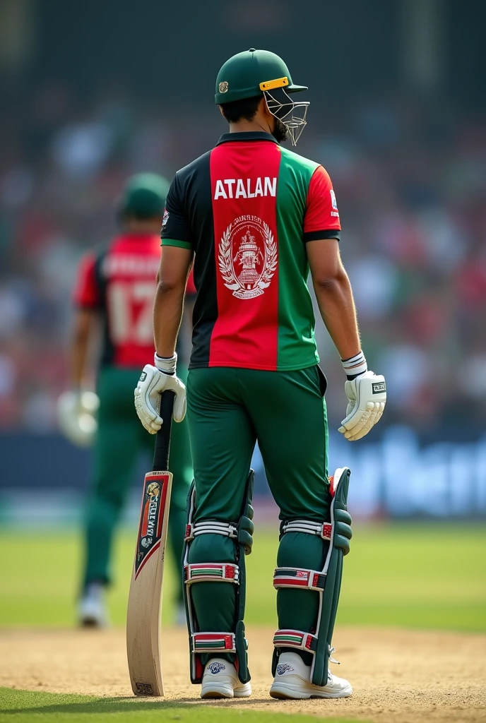 Afghanistan cricket player wearing cricket jersey with back name with ATALAN
