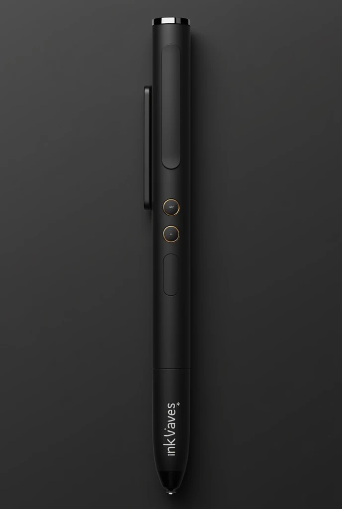 (photorealism:1.2) Black graphic tablet pen, with a modern design, Ergonomic, that it is a little long and looks light, that has three flat touch-sensitive side buttons, with a fine medium and small tip, and that has the name of the brand: "Inkwave"
