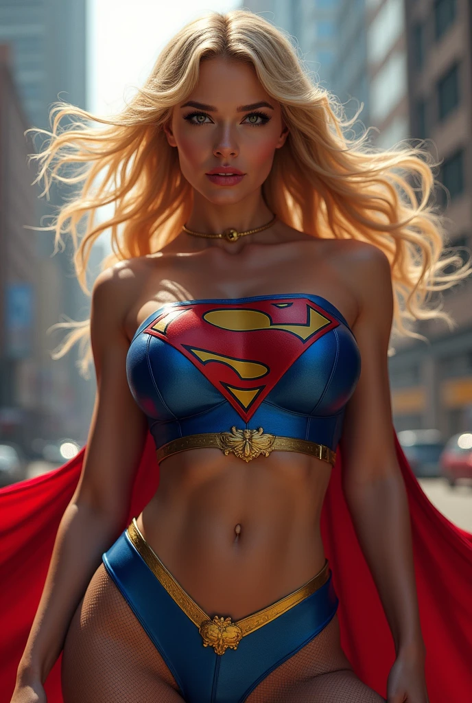 A HOT AND SEXY MUSCULAR SUPERGIRL COMPLETE WITH A EROTIC BLUE SUPERMAN CORSET COSTUME AND CAPE WITH A LARGE SUPERMAN EMBLEM. SO SEXY SUPERGIRL