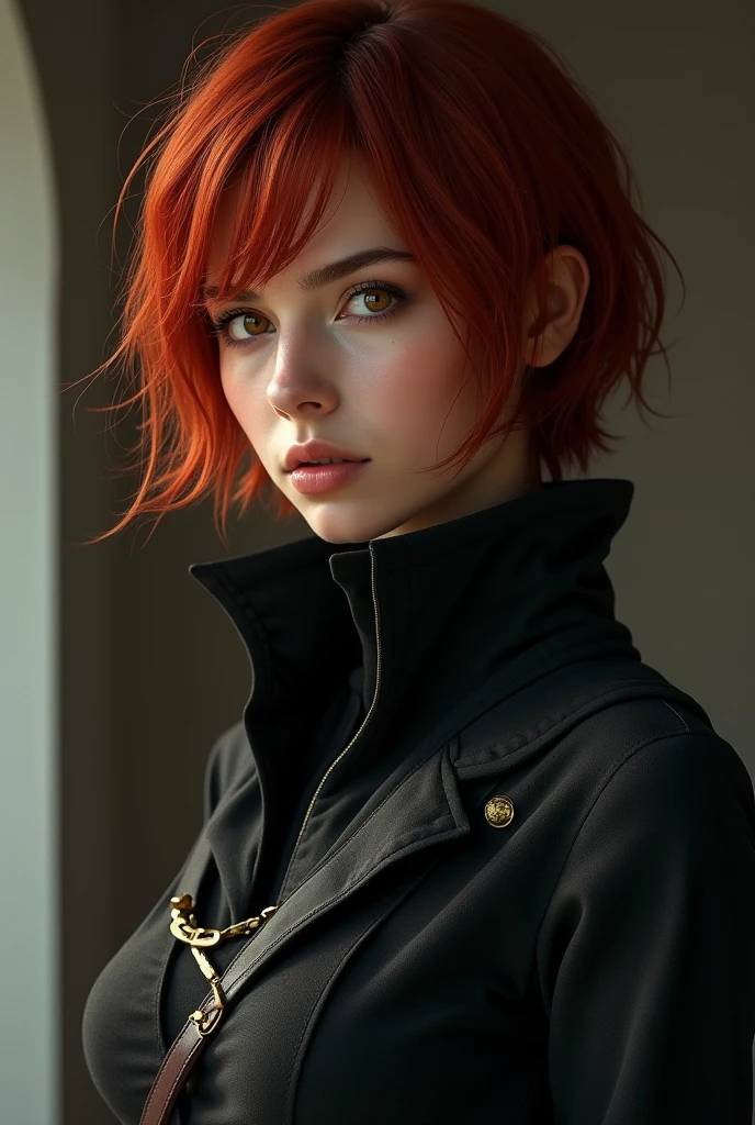 woman with short red hair, amber eyes, and closed rogue clothes