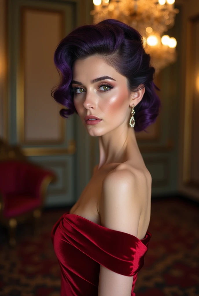 English woman,white fair skin,sparkling green eyes,dark purple hairstyle hair,red velvet dress,strong makeup,poses,cenario show,photoshot,cinema image,品質,full body images,detailed