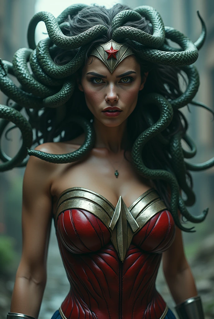 A beautiful woman from Greek mythology Medusa snakes on her head Silver colored metal diaema with a red star on her forehead (((Wonder Woman Red Leather Corset Costume))),(((With a snake body from the waist down))),(((Scary and terrifying images this woman is screaming silver metal bracelets)))