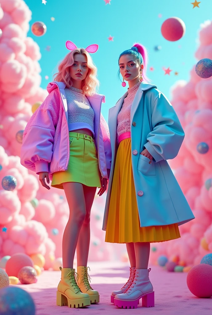 A photorealistic 4K image of two stylish women, dressed in detailed, vibrant pop-color outfits, standing together in a surreal, candy pop-inspired environment. The scene is cinematic, filled with bright, playful colors and a whimsical, confetti-filled background that gives a dreamy, surrealist vibe.

The first woman wears a vibrant pink and lavender jacket with holographic accents, paired with a neon green skirt and pastel-colored boots. Her outfit is adorned with intricate patterns and glowing accessories, embodying a modern, fashion-forward look. Her hair is styled in loose waves, dyed in soft, pastel rainbow shades that perfectly complement her outfit.

The second woman is dressed in a bubblegum blue trench coat with oversized, translucent sleeves, paired with a yellow pleated skirt and candy-colored platform shoes. Her accessories include sparkling earrings and a neon pink belt, adding to the playful, pop-inspired aesthetic. Her hair is styled in a sleek, high ponytail, with streaks of bright blue and pink.

The backdrop is a surreal candy pop landscape, with floating confetti, oversized candy pieces, and swirling pastel clouds. The lighting casts a soft, magical glow over the scene, enhancing the vibrant colors and the dreamy atmosphere. The overall vibe is playful yet sophisticated, blending high fashion with a whimsical, surrealist setting.

[Lighting: Soft magical glow with vibrant highlights] [Camera: Wide-angle full-length shot] [Resolution: 4k, hyper-realistic] [Style: Pop color fashion, surrealist candy pop vibes, cinematic fantasy] [Inspiration: Kawaii, Pop Art, Surrealism].
