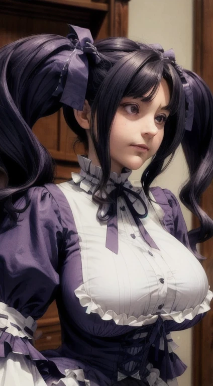 (highly detailed), sharp focus, large breasts, close up on face,  dress, twintails, ribbon, frillsescote, hombros descubiertos, falda morada,pechos grandes, pechos enormes, big breasts, huge breasts, enormous breasts bigger than heats
