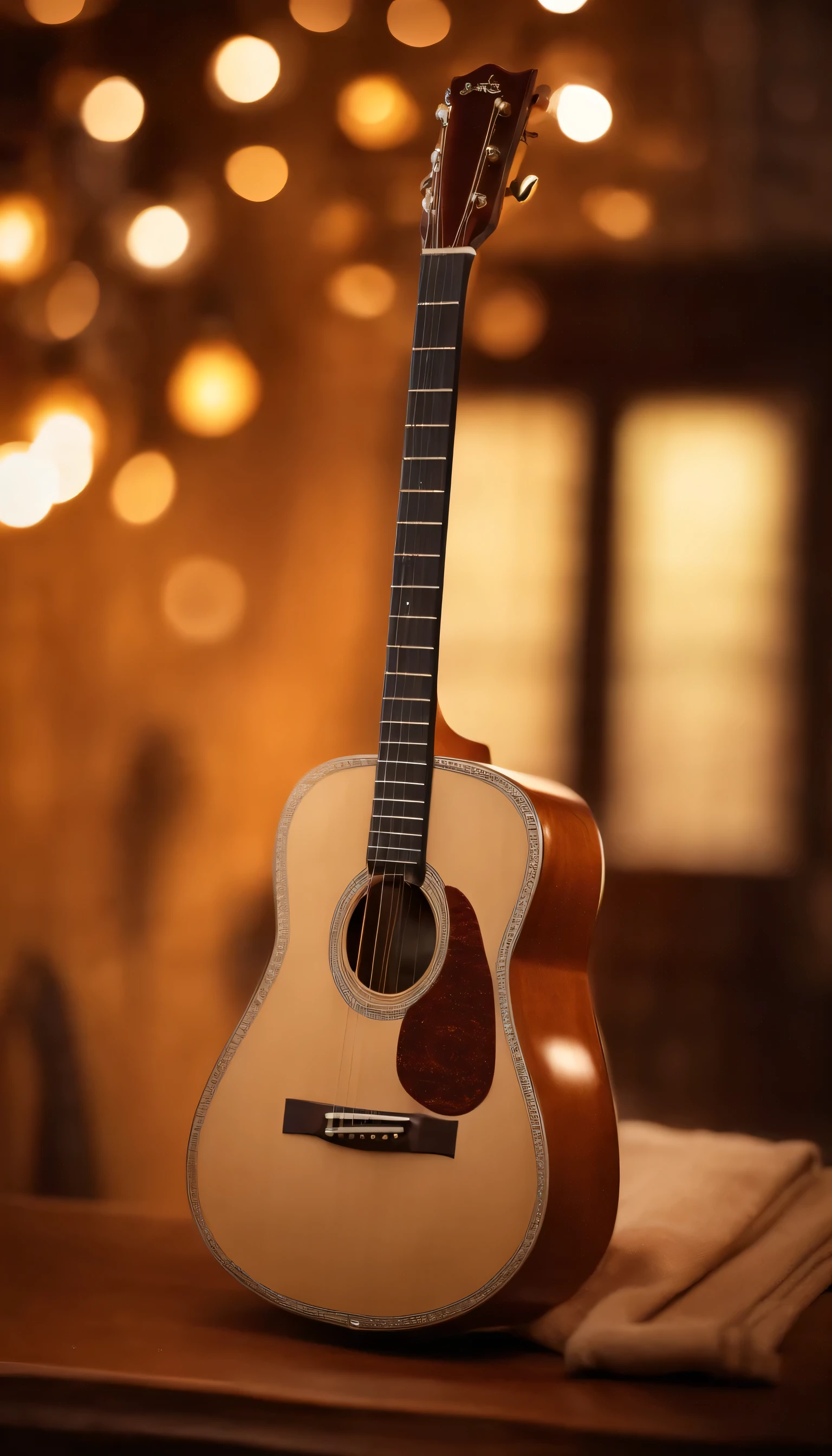 A softly blurred background with warm, earthy tones, intimate and nostalgic atmosphere, acoustic guitar leaning against a vintage microphone stand, detailed wooden texture of the guitar, soft warm lighting, delicate patterns inspired by traditional Sri Lankan art, warm golden lighting, gentle shadows, cozy and inviting atmosphere, perfect for a soulful Sinhala cover song