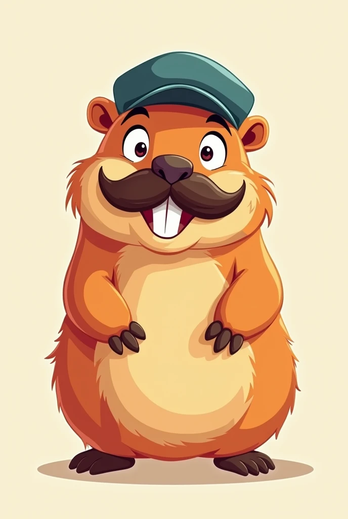 A smiling capybara wearing a mustache and a cap cartoon drawing 