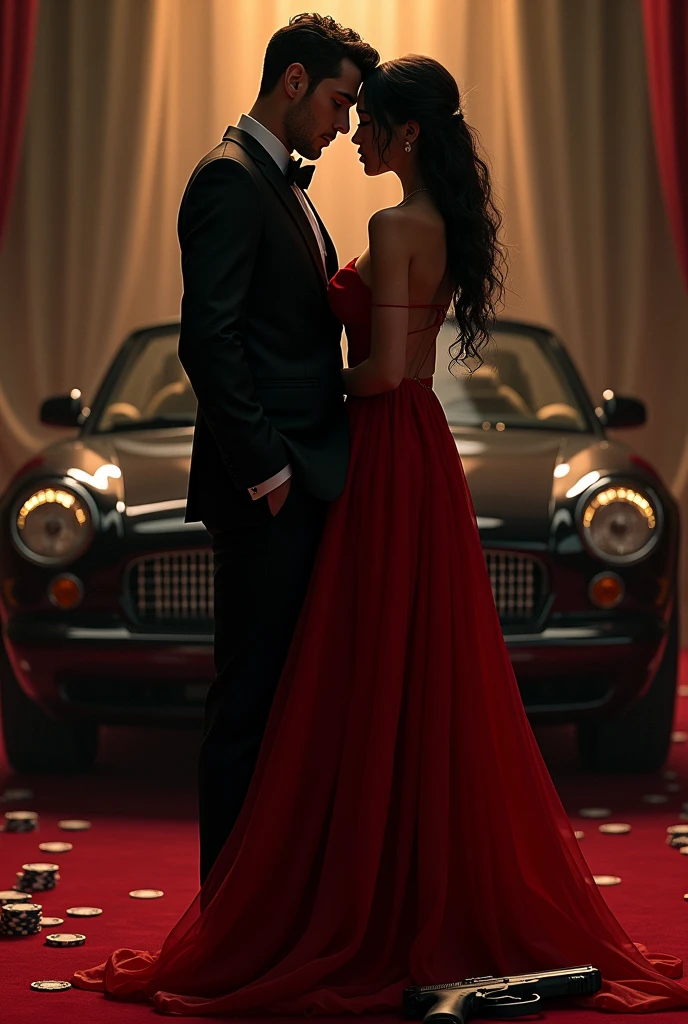 • Bottom: A luxurious mansion with dim lights or a scene from an elegant social event.
• Main Image: Ayla and Leonardo in a pose that suggests a deep connection, with Ayla perhaps lightly touching Leonardo's arm or staring at him intently. He in a black suit and she in a sexy red dress • Additional Details: Add details like a luxury car, a gun, fichas de póquer y a gun en el suelo