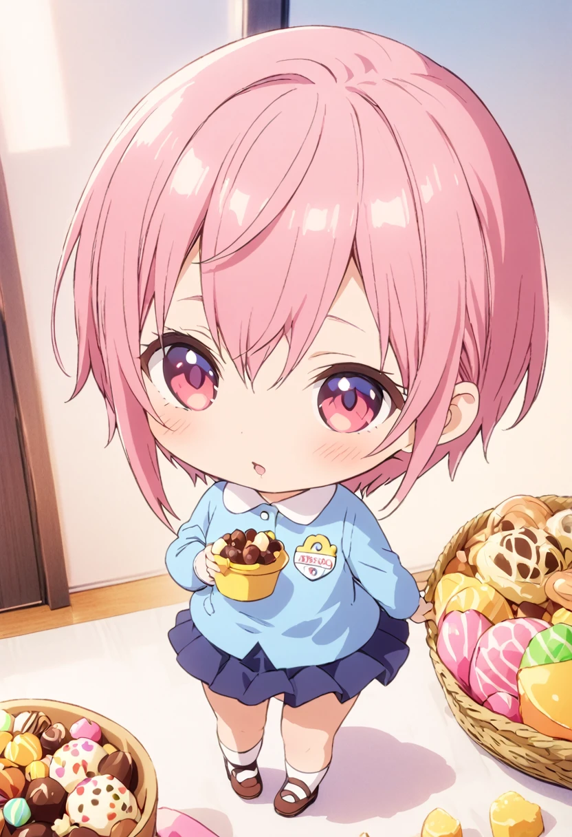 (Highest quality, 4K, 8k, High resolution, masterpiece:1.2), Very detailed, Picturesque, Animated Photography, Photo Animation:1.37)、Japanese schoolgirl、(Pink Hair)、(short hair)、stnding、(chibi:1.4),blue shirt,(kindergarten uniform:1.2),(yellow school hat:1.15),(blue skirt:1.1),(tulip-shaped name tag、いちか:1.05)、enjoying a variety of sweets and treats、Full body photography、Nakano ichika
