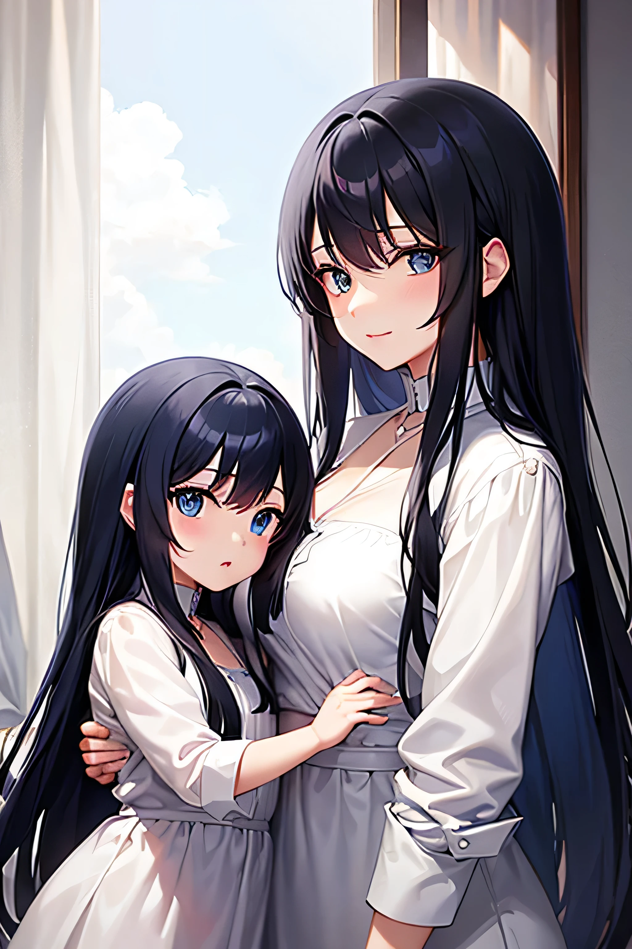 Mother and daughter with long black hair and blue eyes, anime style
