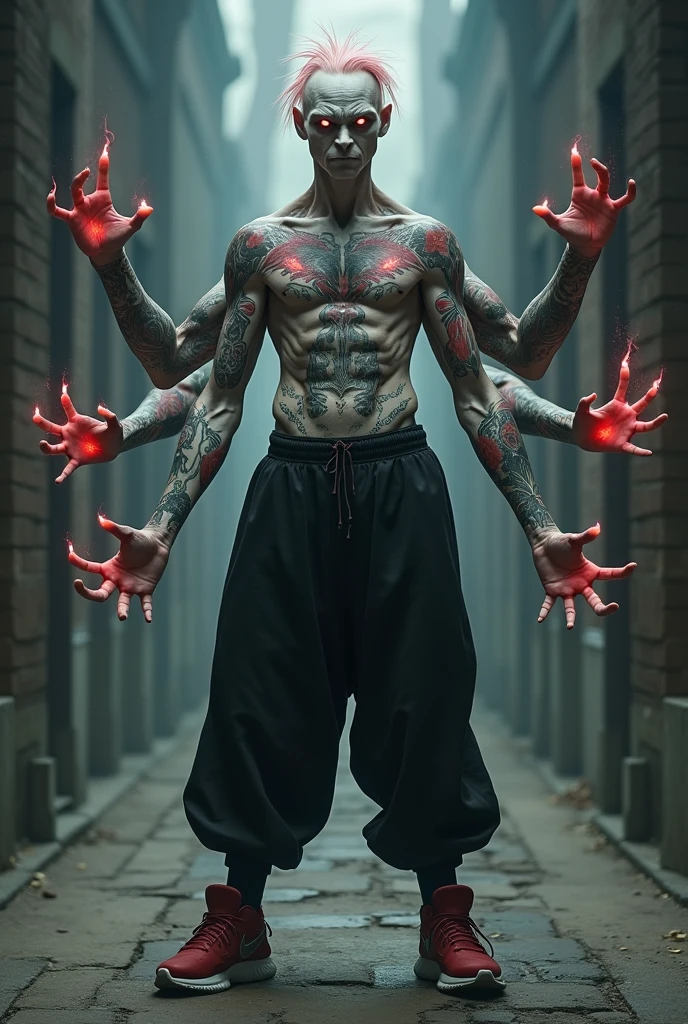 Ryomen Sukuna is a white-skinned man who looks 1000 years old. He has short pink hair that is pulled back and spiky. He has four blood-red eyes. He has four arms. He does not wear a shirt. He has tattoos on his face and body. He wears black sports pants and red shoes.