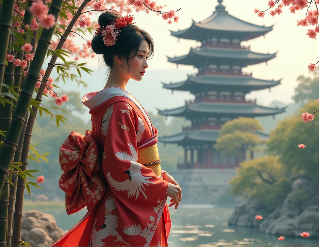 o A geisha in a red and white kimono with crane motifs, standing in front of an ancient Japanese pagoda surrounded by bamboo trees and plum blossoms, with a tranquil and misty atmosphere at dawn.