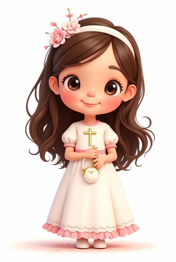 Make me a 2d Pixar style animated illustration,
on a white background of a girl with a sweet and simple style. The girl is dressed for a first communion, wearing a white dress with soft pink details. Her dress has puffed sleeves and a long skirt with small decorative edges at the bottom..
The girl has long brown hair, with a white headband adorned with pink and white flowers on one side. in his right hand, She holds a golden rosary chain that ends in a cross.. In your other hand, She carries a small white purse with a pink bow on top.
The overall style of the illustration is cute and adorable, with a smiling facial expression and big round eyes. The design is simple and lovely, evoking a sense of innocence and purity.